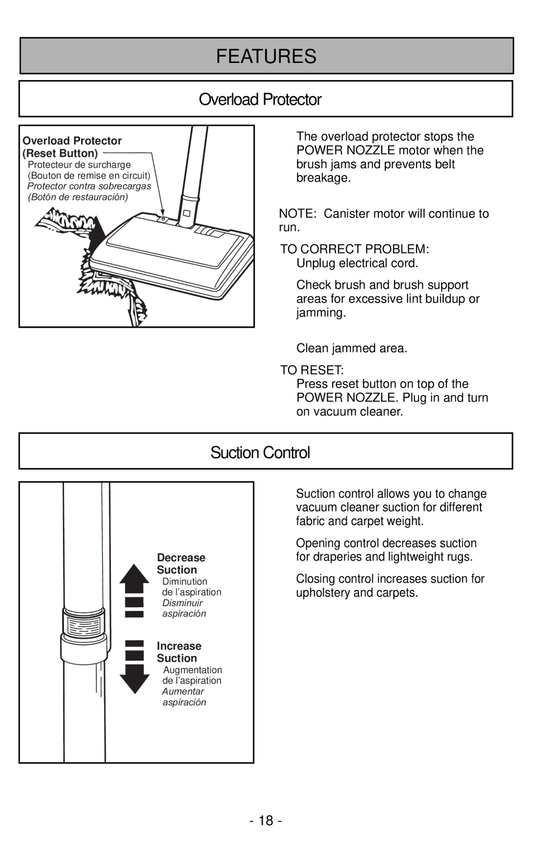 Panasonic MC-CG901 operating instructions Overload Protector, Suction Control 