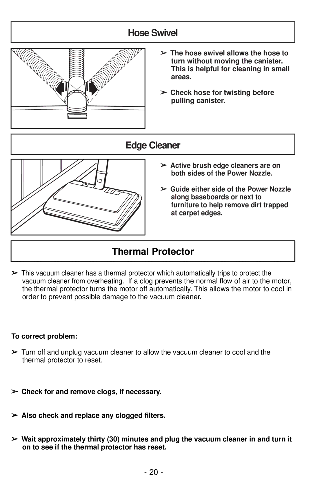 Panasonic MC-CG901 operating instructions Hose Swivel, Edge Cleaner, Thermal Protector 