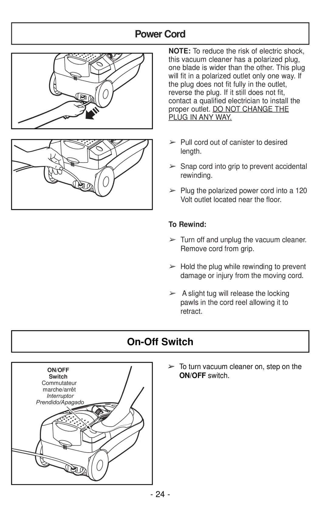 Panasonic MC-CG901 operating instructions Power Cord, On-Off Switch, To turn vacuum cleaner on, step on the ON/OFF switch 