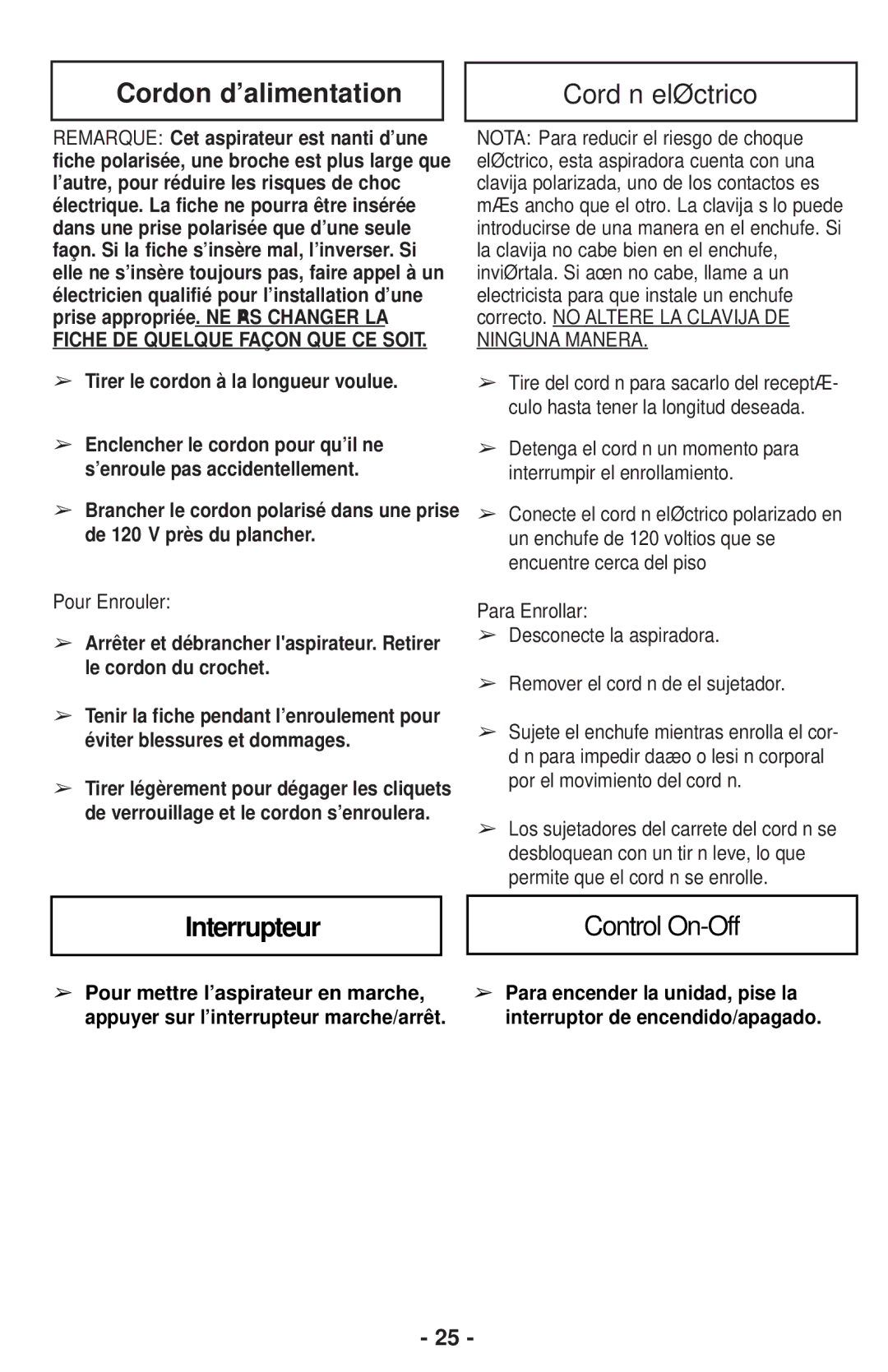 Panasonic MC-CG901 operating instructions Cordon d’alimentation, Interrupteur, Cordón eléctrico, Control On-Off 