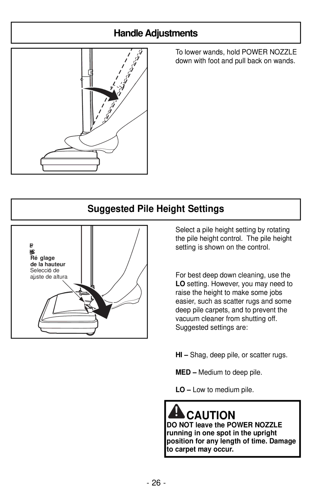 Panasonic MC-CG901 operating instructions Handle Adjustments, Suggested Pile Height Settings 