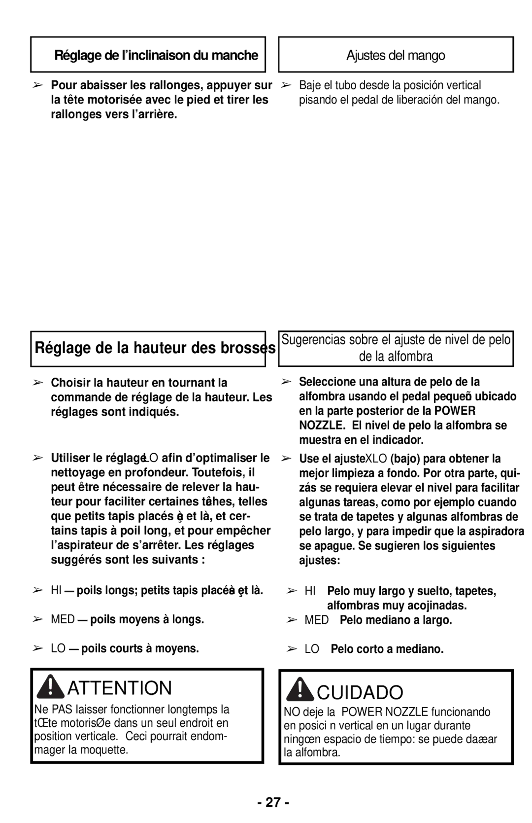 Panasonic MC-CG901 operating instructions Réglage de la hauteur des brosses, Sugerencias sobre el ajuste de nivel de pelo 