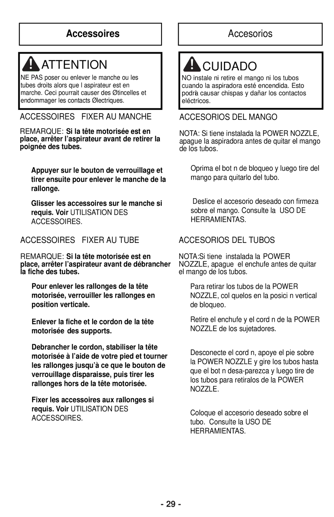 Panasonic MC-CG901 operating instructions Accesorios, Accessoires À Fixer AU Manche, Accessoires À Fixer AU Tube 