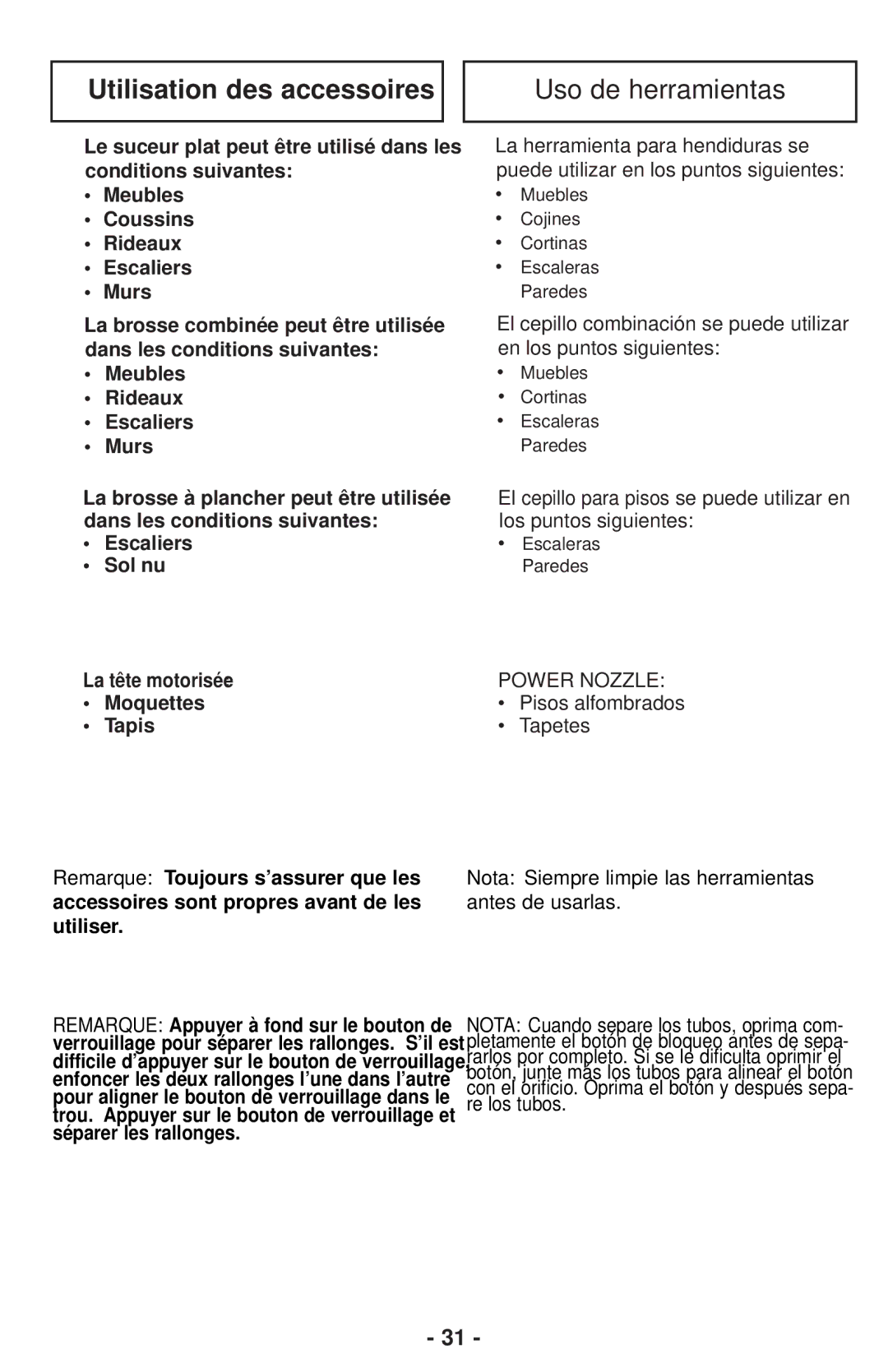 Panasonic MC-CG901 operating instructions Utilisation des accessoires, Uso de herramientas, Meubles Rideaux Escaliers Murs 