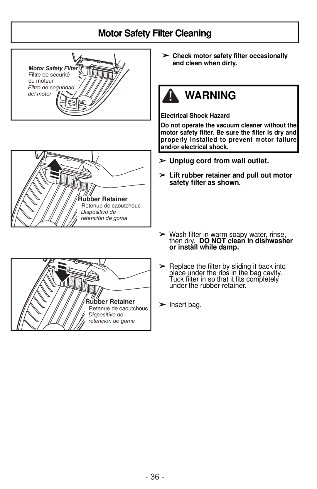 Panasonic MC-CG901 operating instructions Motor Safety Filter Cleaning, Insert bag 