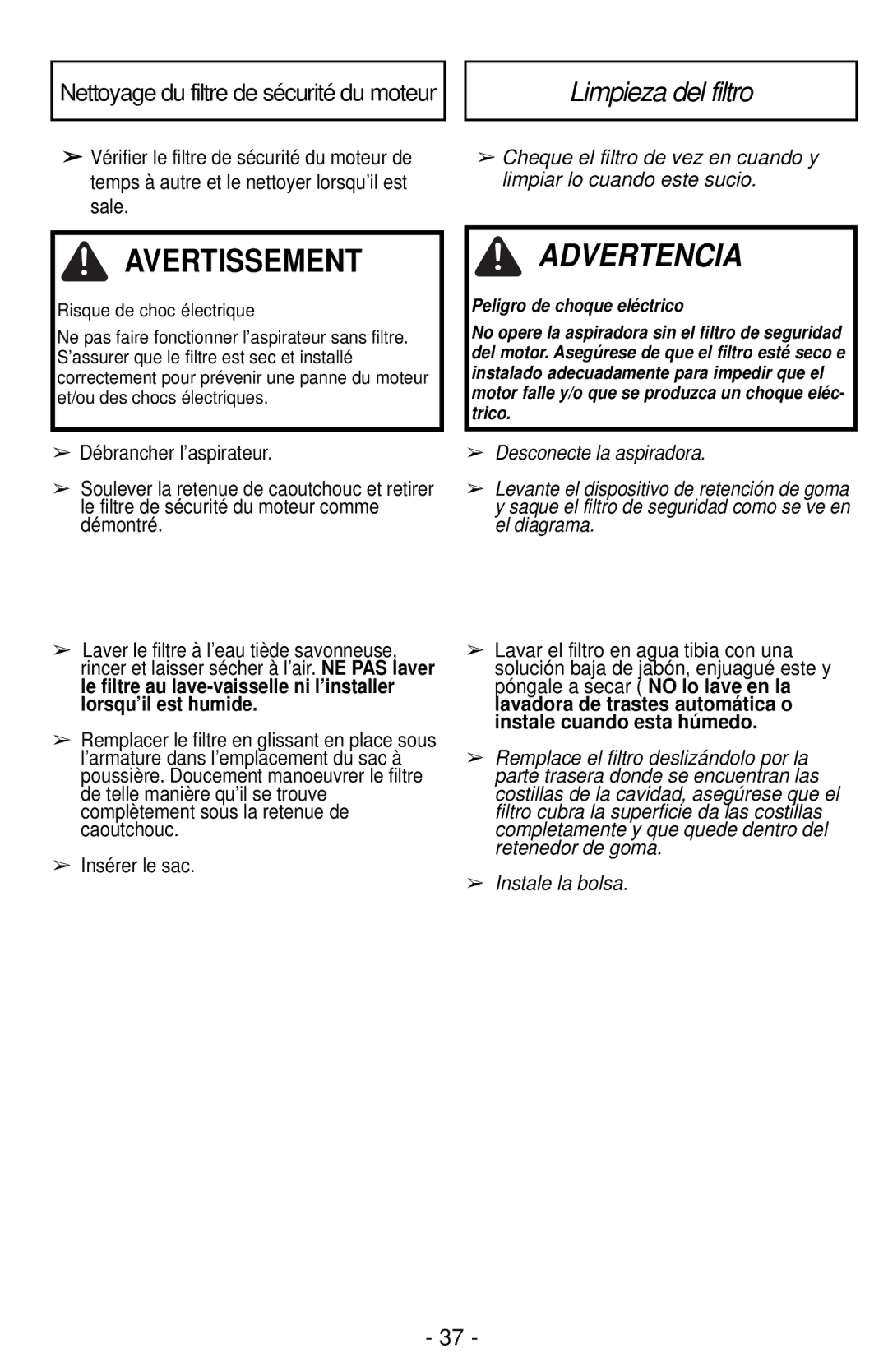 Panasonic MC-CG901 operating instructions Limpieza del filtro, Insérer le sac 