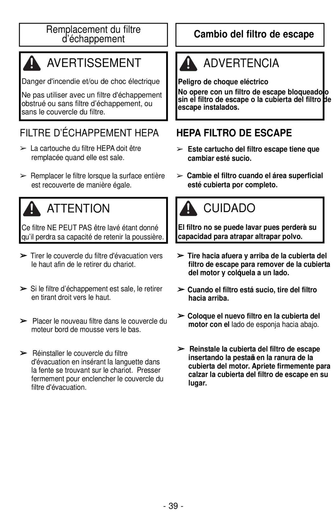 Panasonic MC-CG901 operating instructions Remplacement du filtre ’échappement, Cambio del filtro de escape 