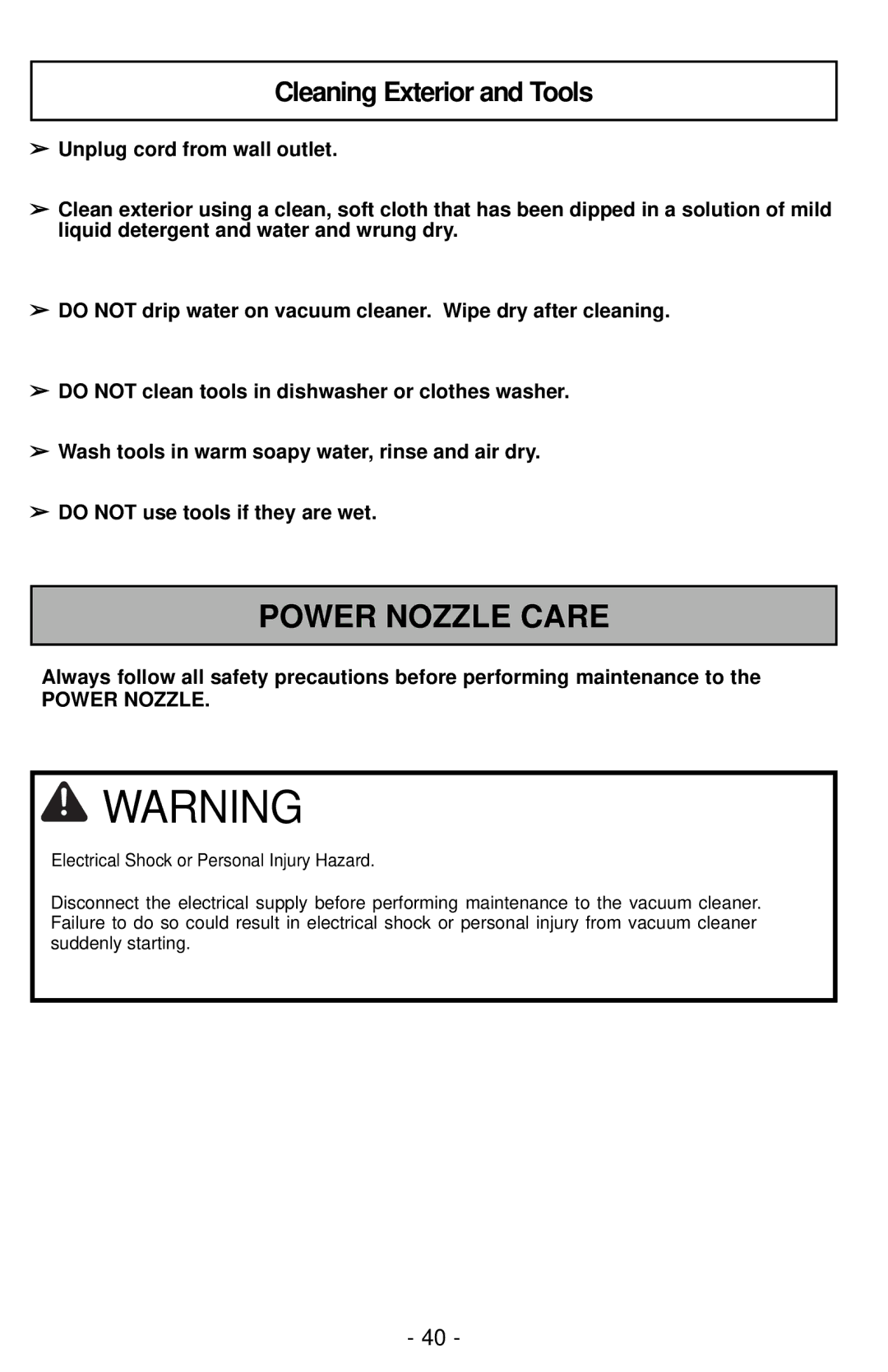 Panasonic MC-CG901 operating instructions Power Nozzle Care, Cleaning Exterior and Tools 