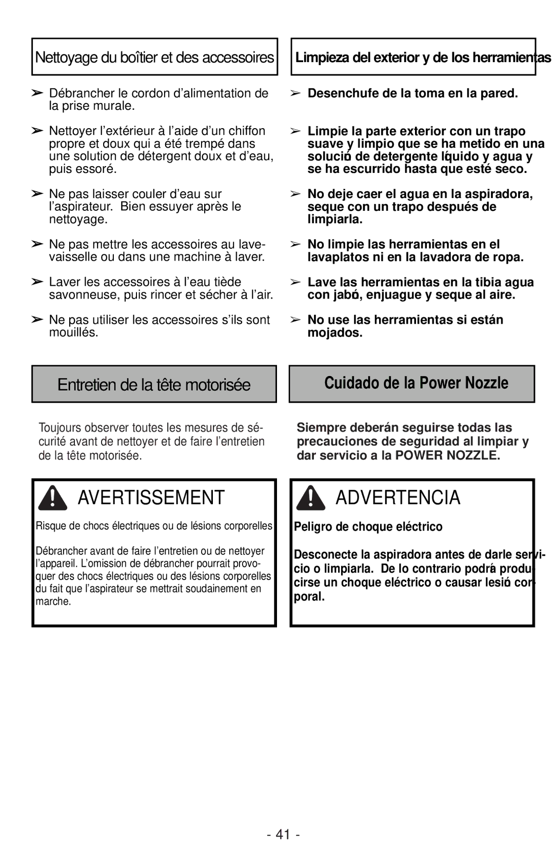 Panasonic MC-CG901 Entretien de la tête motorisée, Cuidado de la Power Nozzle, Desenchufe de la toma en la pared 