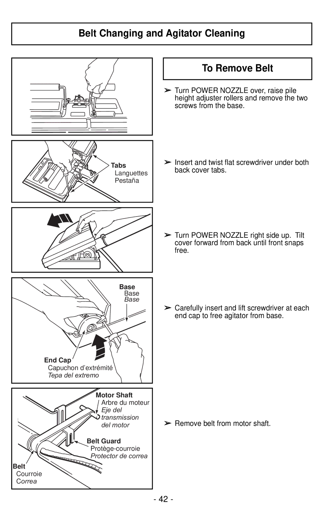 Panasonic MC-CG901 operating instructions Belt Changing and Agitator Cleaning, To Remove Belt, Remove belt from motor shaft 