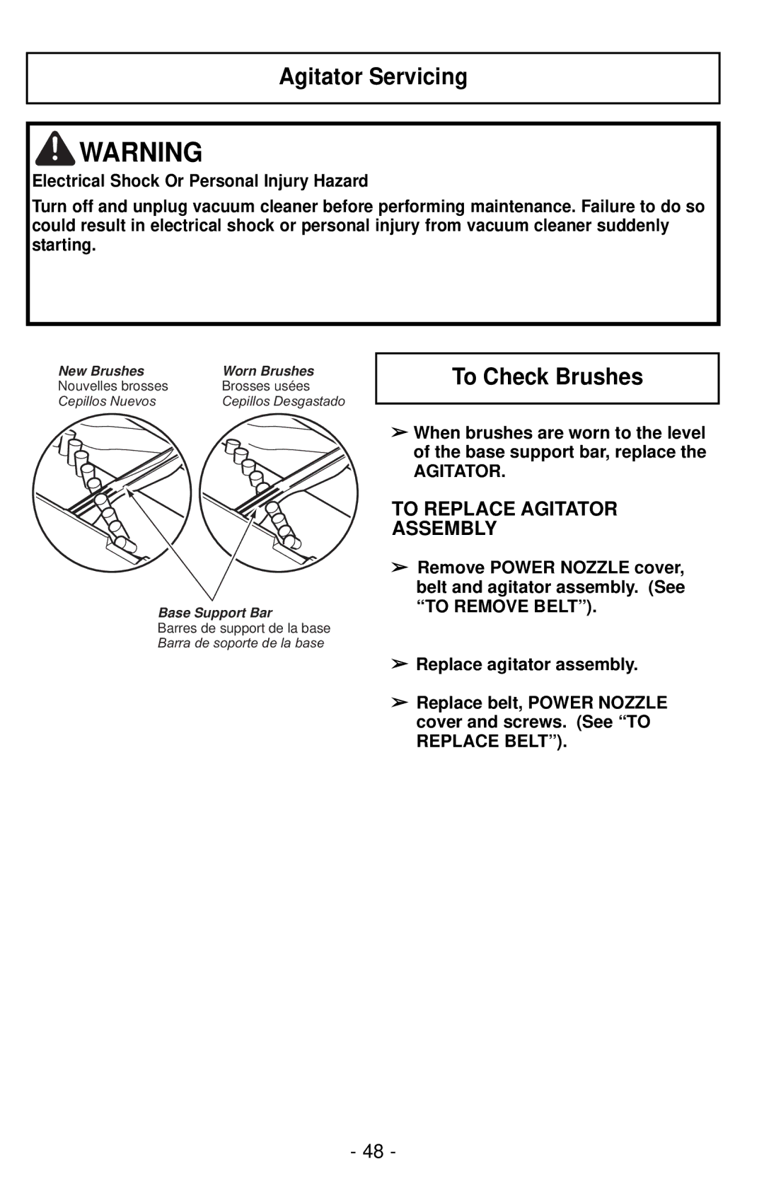 Panasonic MC-CG901 operating instructions Agitator Servicing, To Check Brushes, To Replace Agitator Assembly 