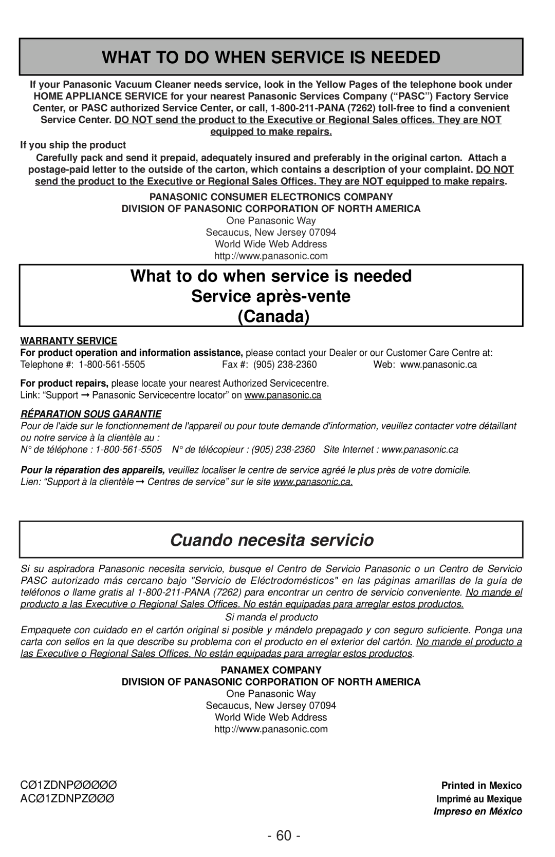 Panasonic MC-CG901 What to do When Service is Needed, What to do when service is needed Service après-vente Canada 