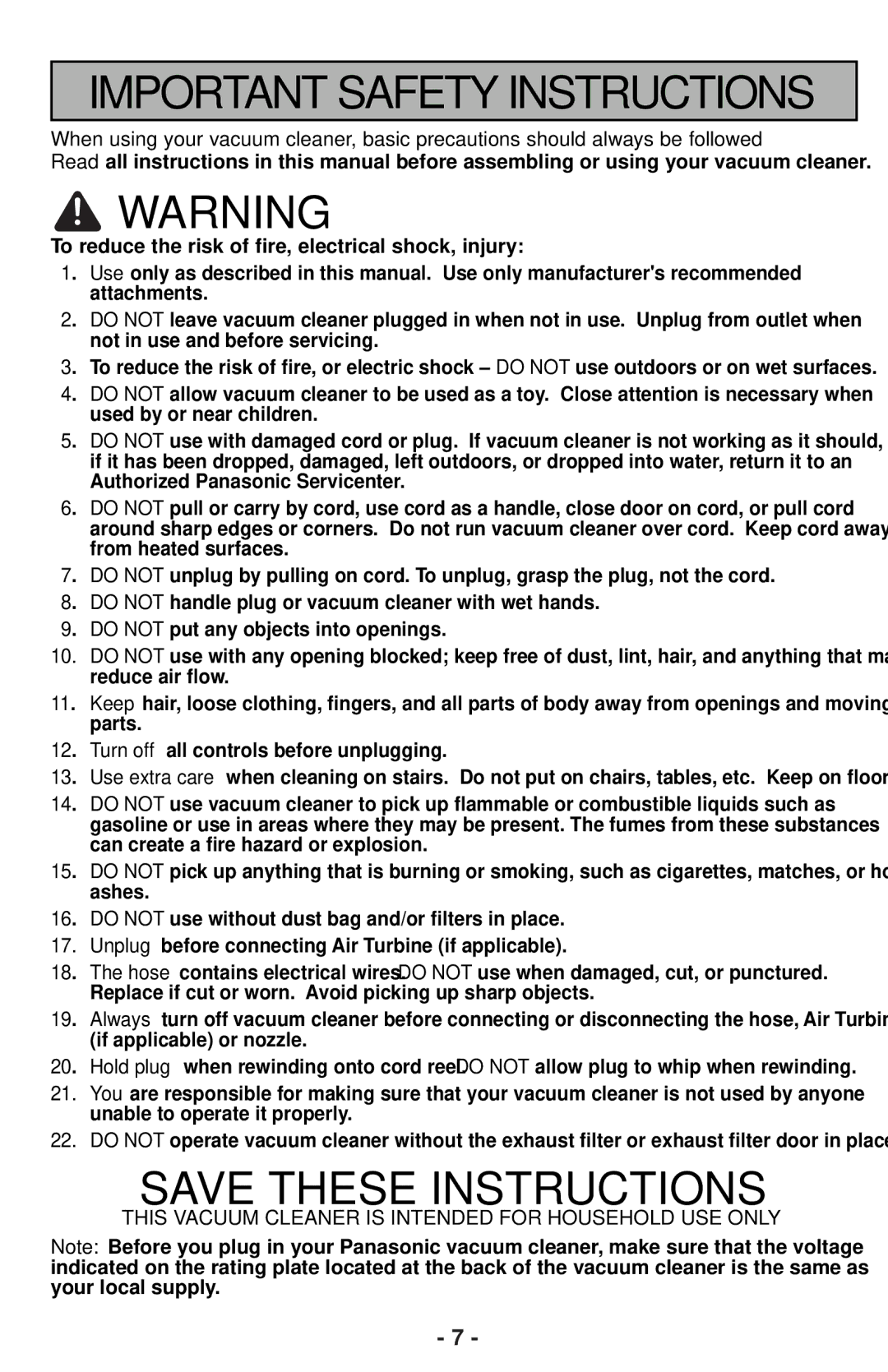 Panasonic MC-CG901 operating instructions Important Safety Instructions 