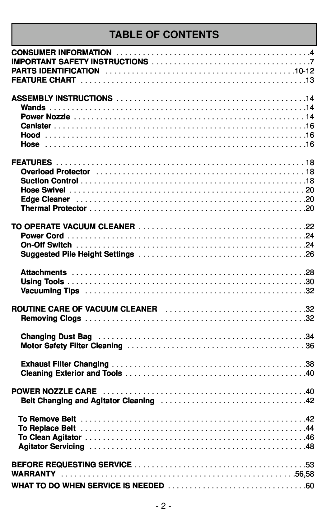 Panasonic MC-CG901 operating instructions Table Of Contents, Routine Care Of Vacuum Cleaner, Removing Clogs 