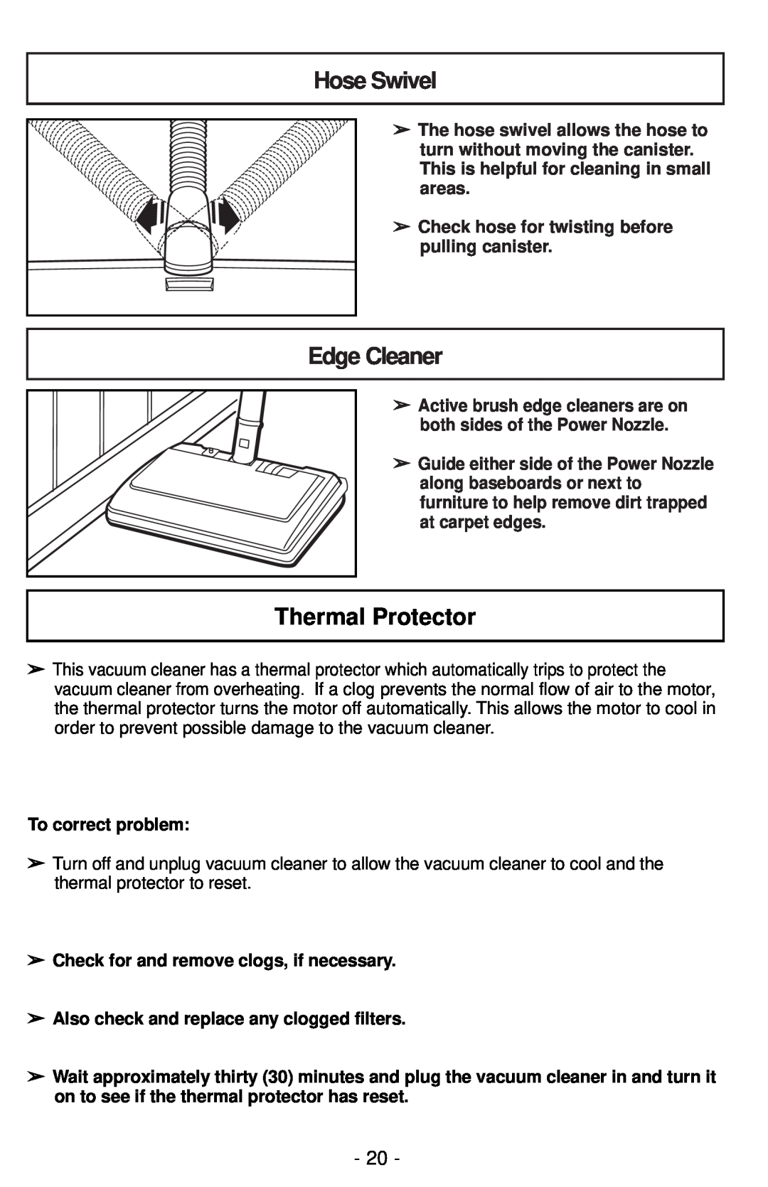 Panasonic MC-CG901 operating instructions Hose Swivel, Edge Cleaner, Thermal Protector 