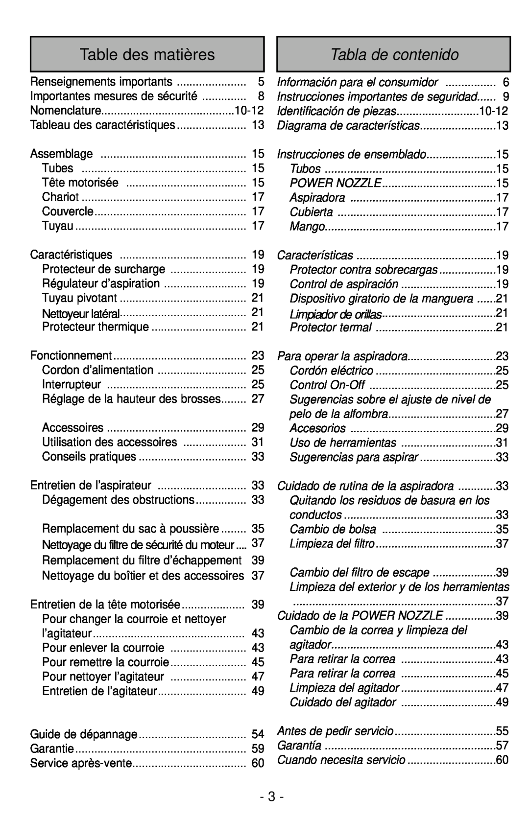 Panasonic MC-CG901 operating instructions Table des matières, Tabla de contenido 