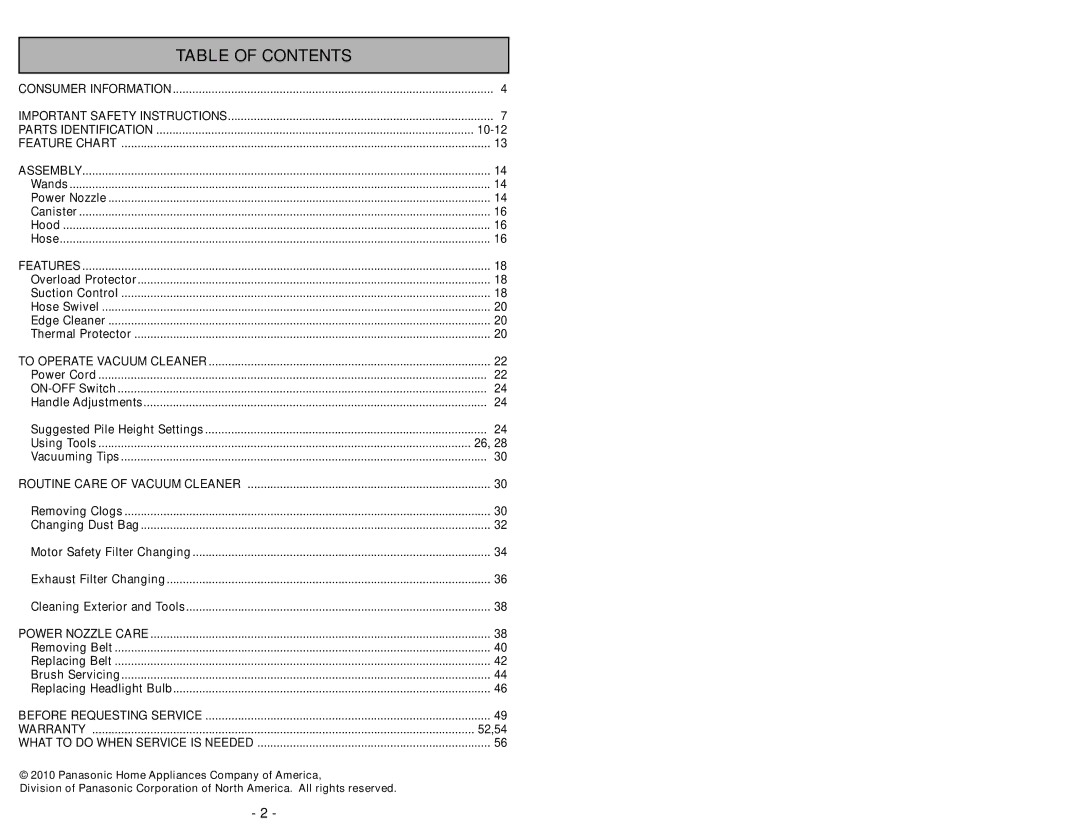 Panasonic MC-CG902 manuel dutilisation Table of Contents 