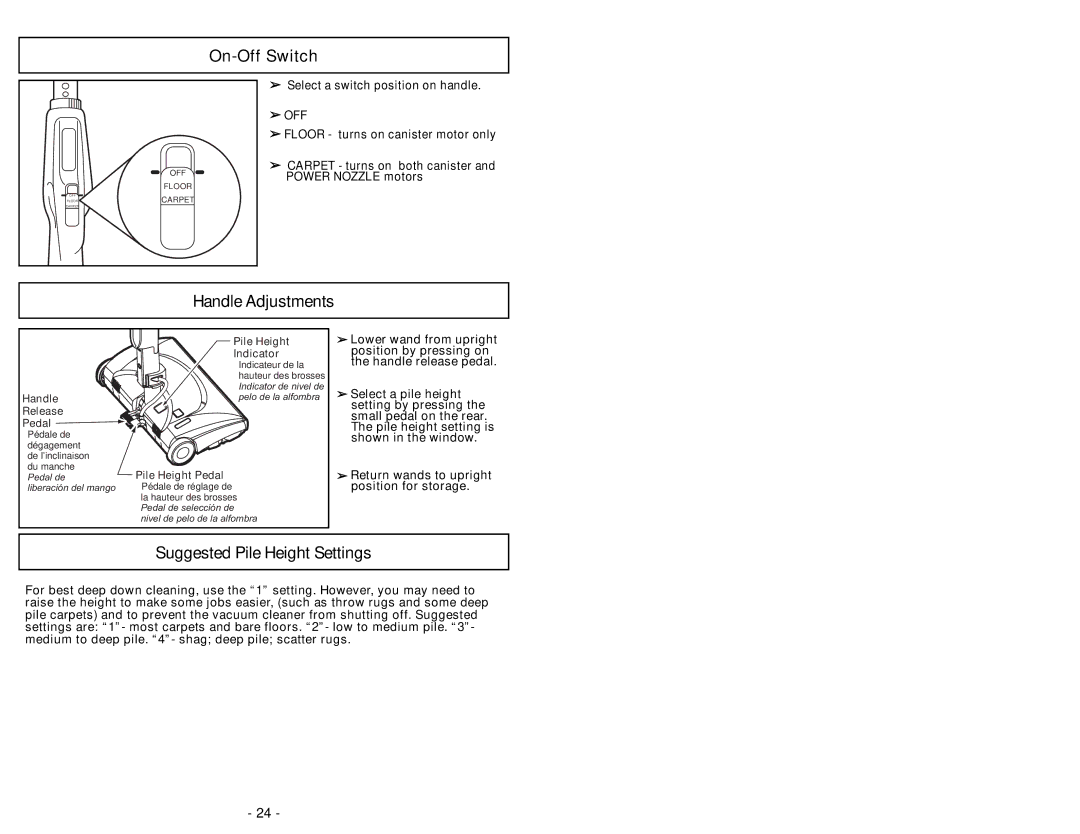 Panasonic MC-CG902 manuel dutilisation On-Off Switch, Handle Adjustments, Suggested Pile Height Settings 