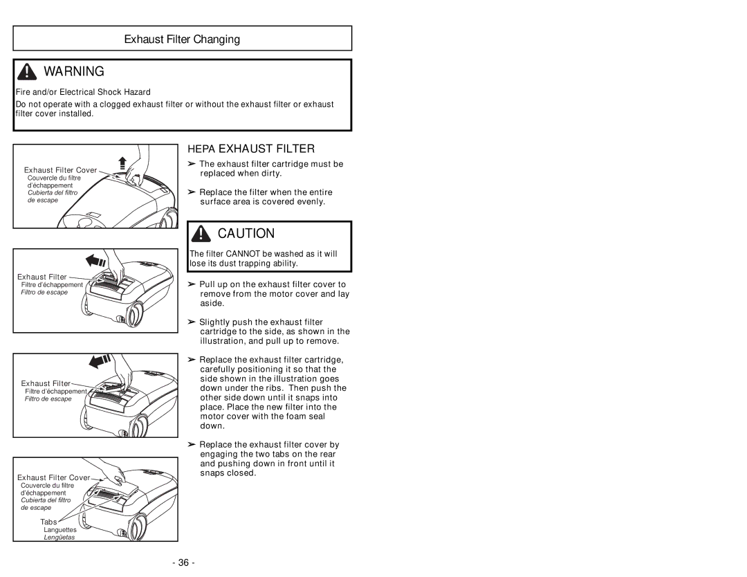 Panasonic MC-CG902 manuel dutilisation Exhaust Filter Changing, Hepa Exhaust Filter 