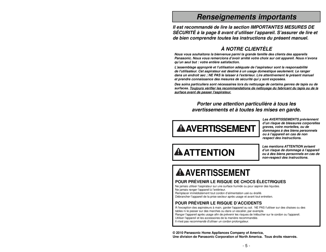 Panasonic MC-CG902 manuel dutilisation Avertissement 