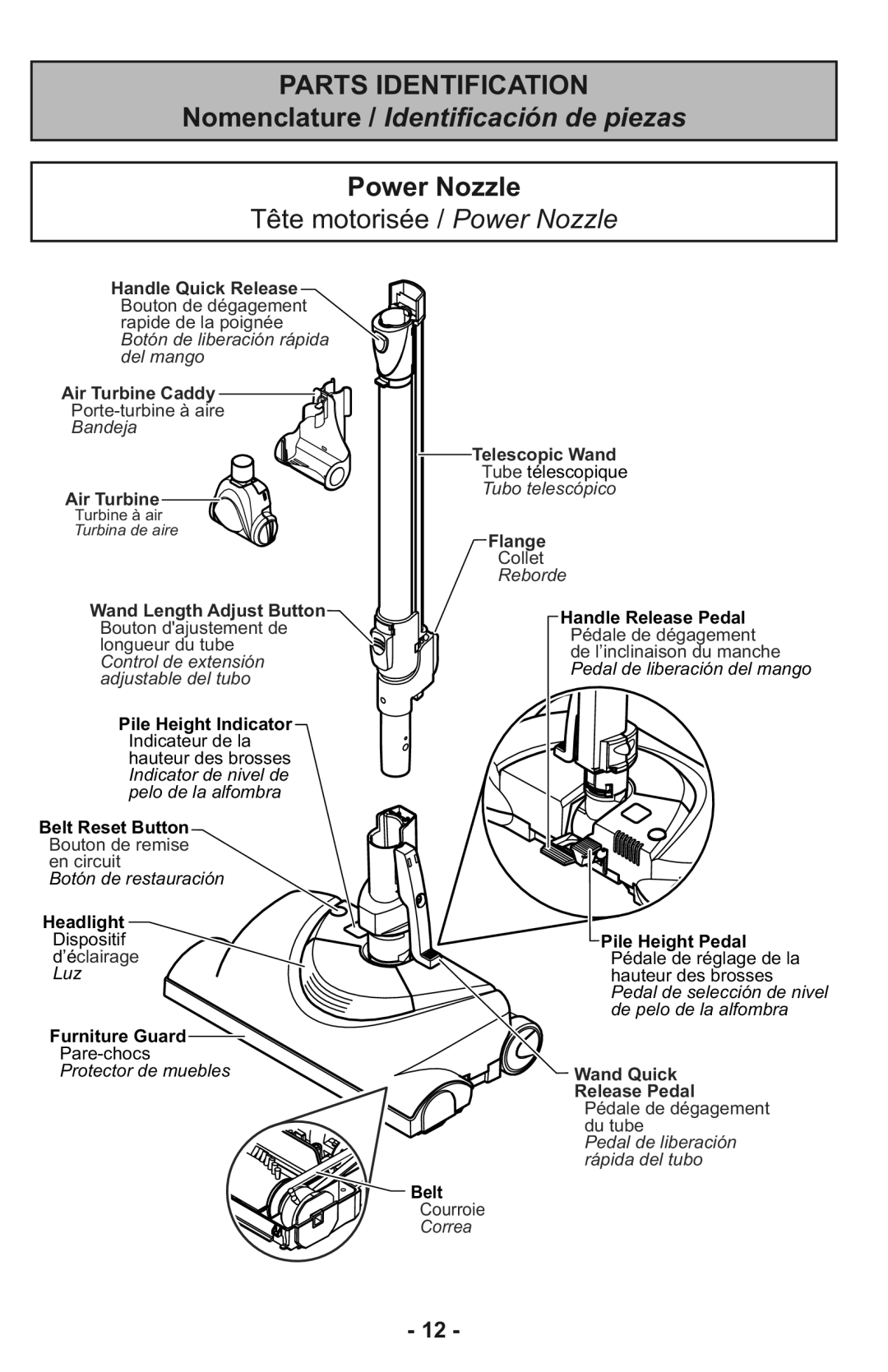 Panasonic MC-CG937 operating instructions Parts Identification, Tête motorisée / Power Nozzle 