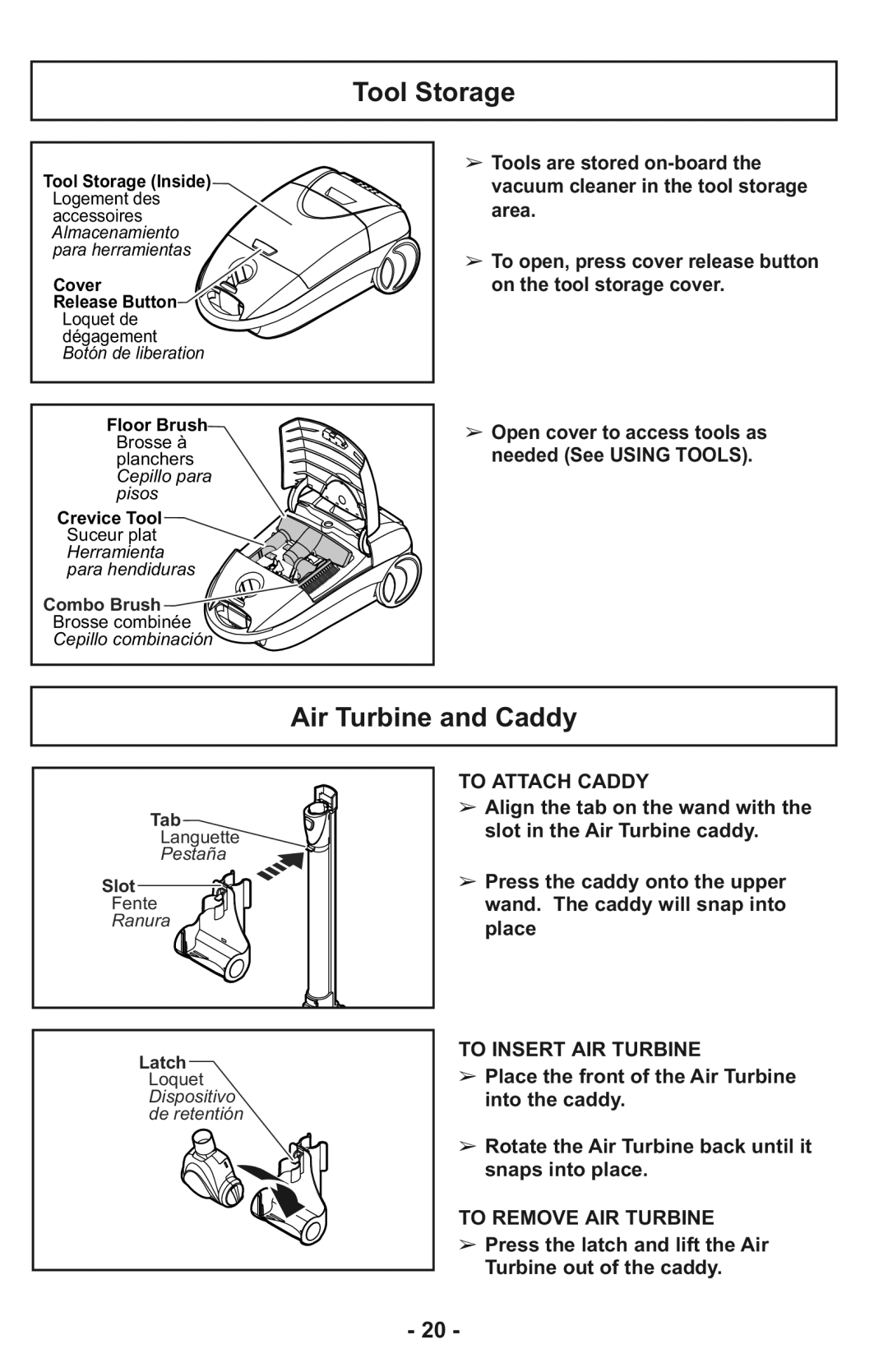 Panasonic MC-CG937 Tool Storage, Air Turbine and Caddy, TO ATTACH Caddy, To Insert Air Turbine, To Remove Air Turbine 