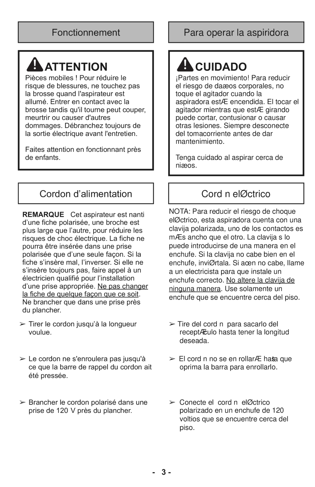 Panasonic MC-CG937 Fonctionnement, Para operar la aspiridora, Cordon d’alimentation, Cordón eléctrico 