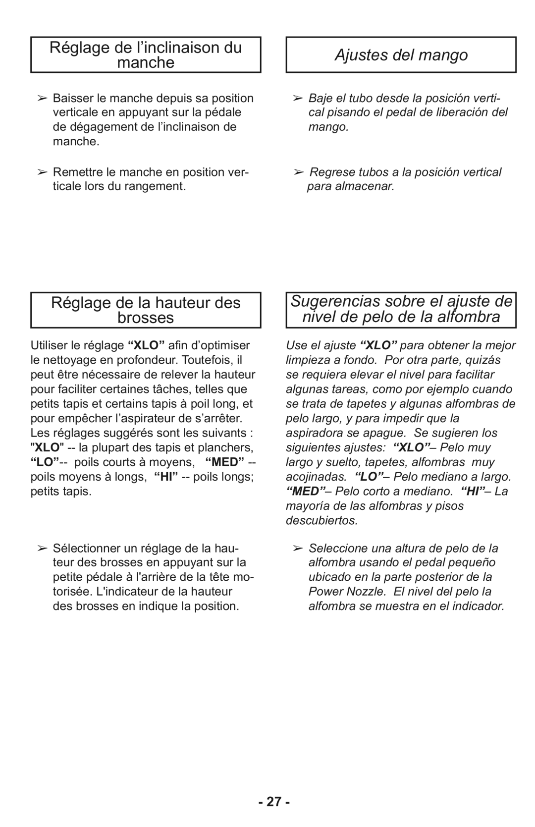 Panasonic MC-CG937 Réglage de l’inclinaison du Manche, Ajustes del mango, Réglage de la hauteur des Brosses 