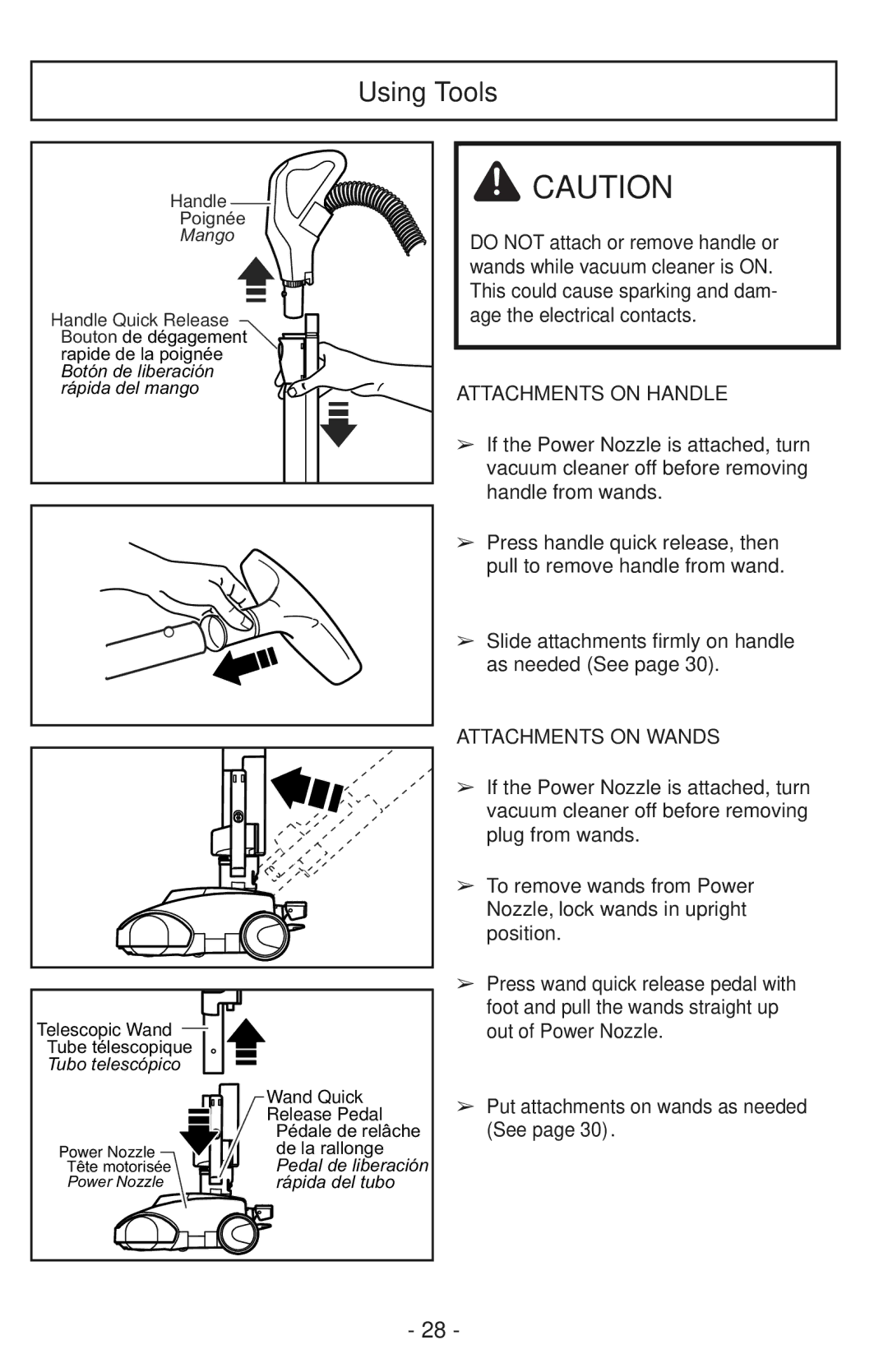 Panasonic MC-CG937 operating instructions Using Tools, Attachments on Handle, Attachments on Wands 