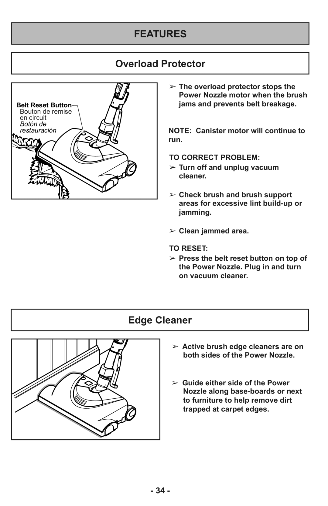 Panasonic MC-CG937 operating instructions Features, Overload Protector, Edge Cleaner, To Correct Problem, To Reset 