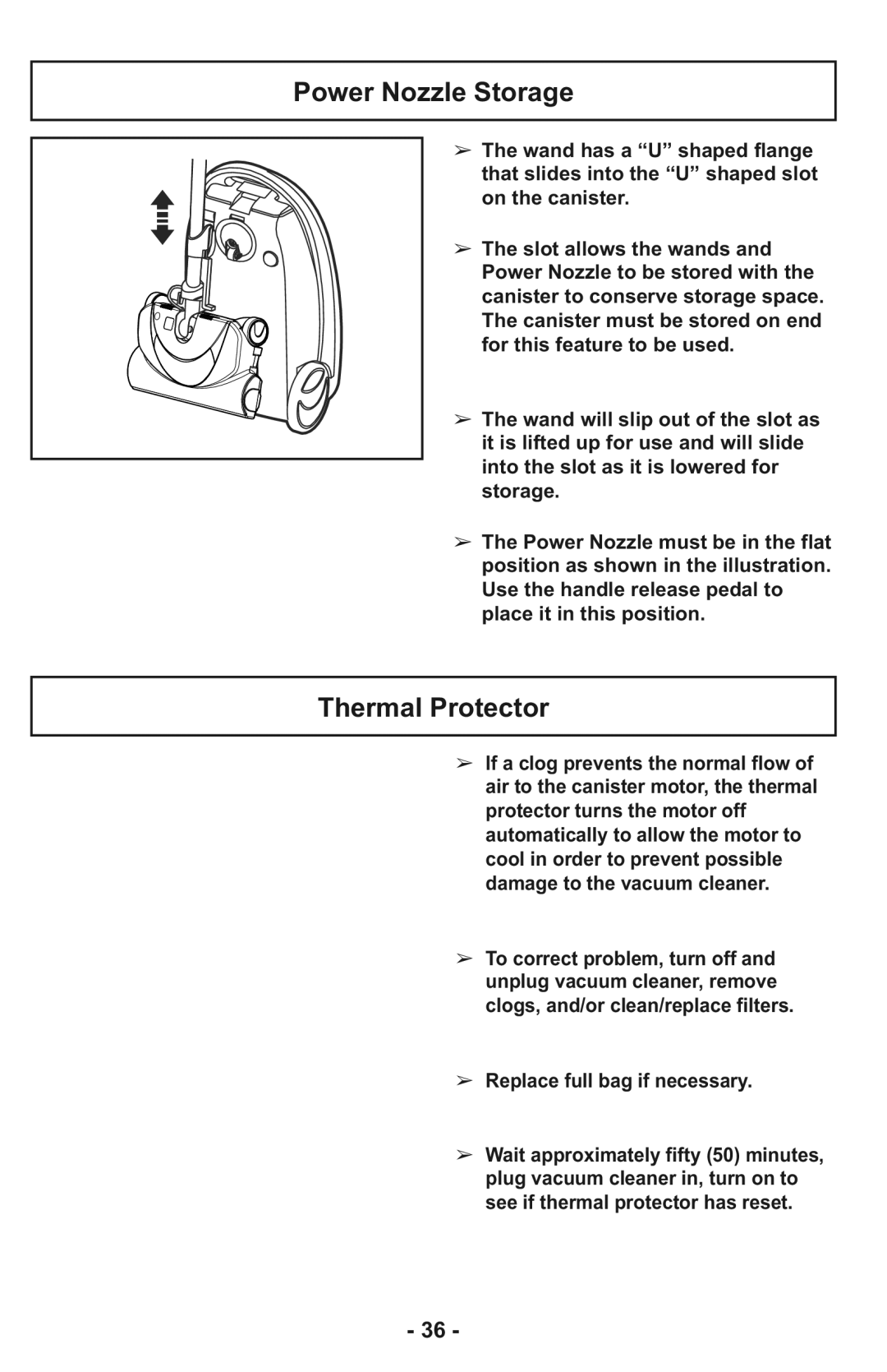 Panasonic MC-CG937 operating instructions Power Nozzle Storage, Thermal Protector, Replace full bag if necessary 