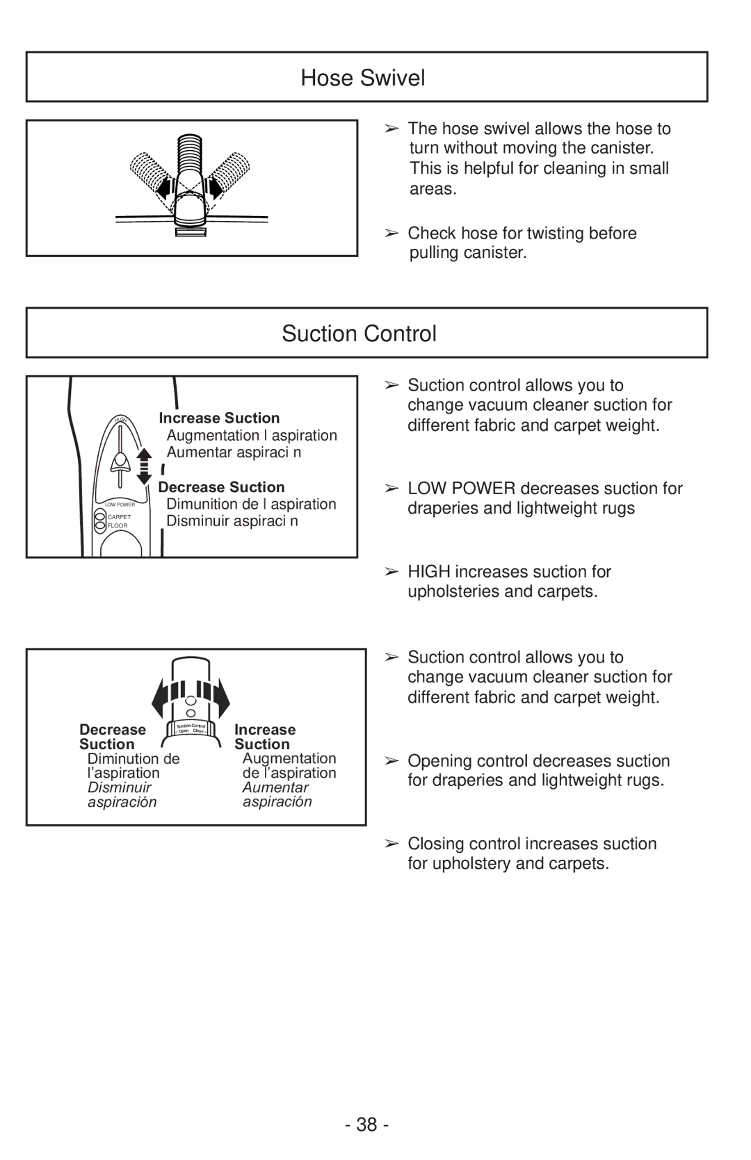 Panasonic MC-CG937 operating instructions Hose Swivel, Suction Control 