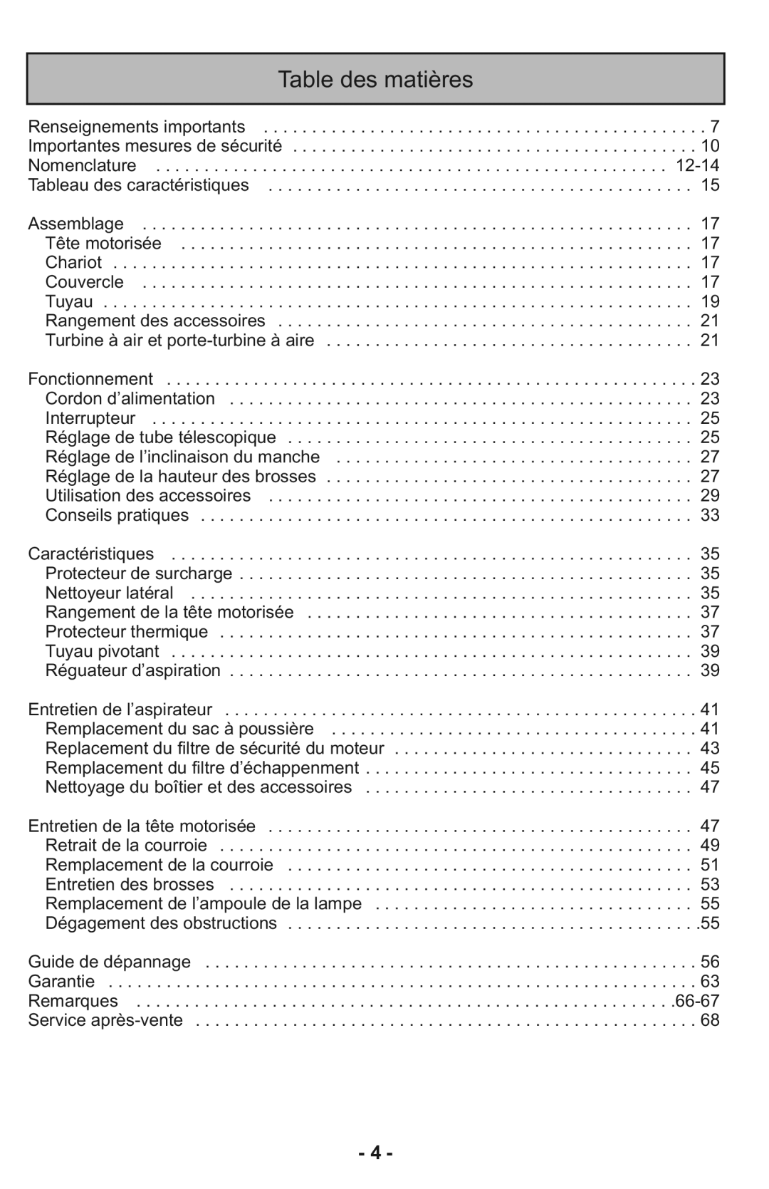 Panasonic MC-CG937 operating instructions Table des matières 