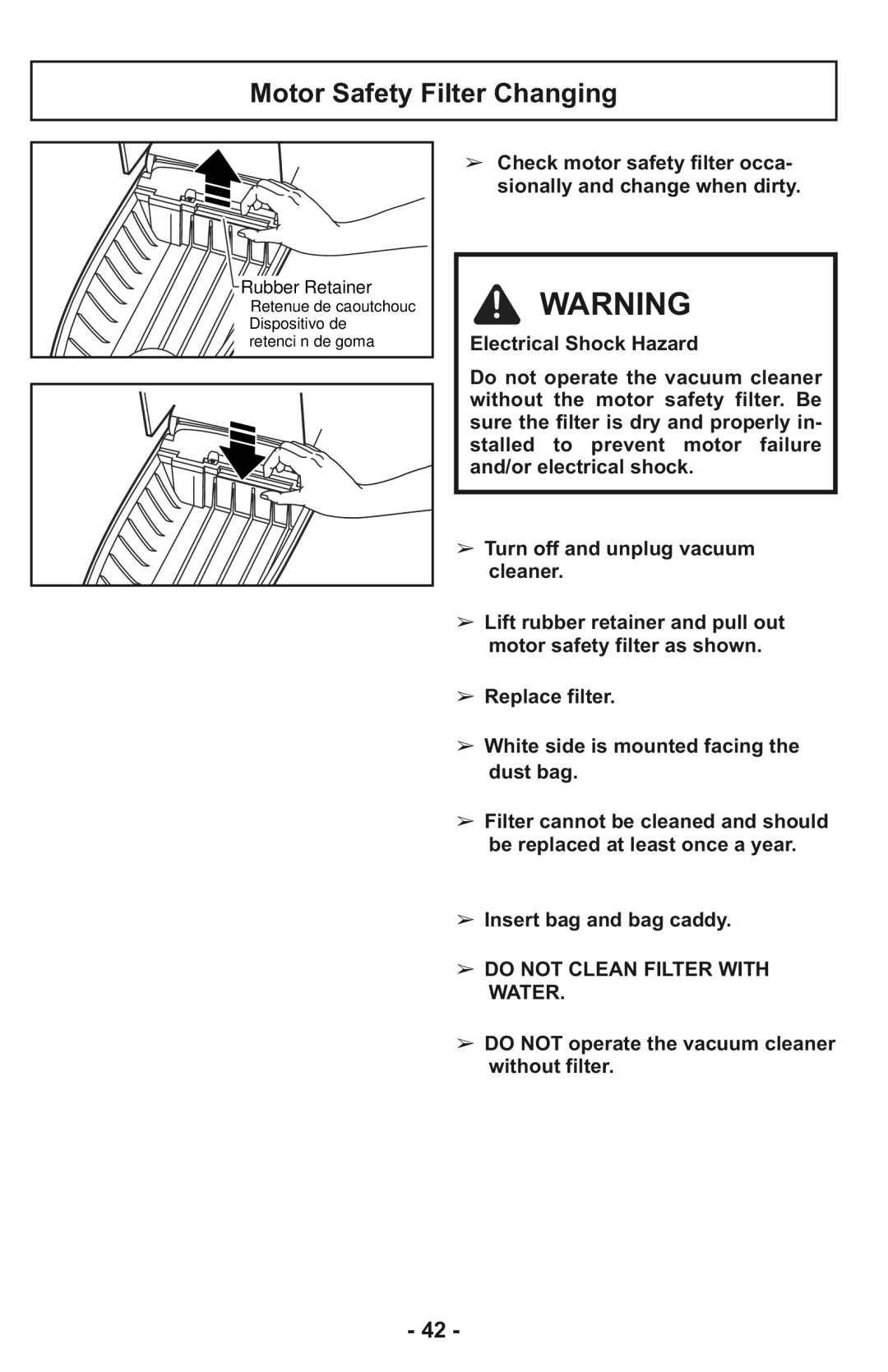 Panasonic MC-CG937 operating instructions Motor Safety Filter Changing, Do NOT CLEAN FILTER WITH Water 