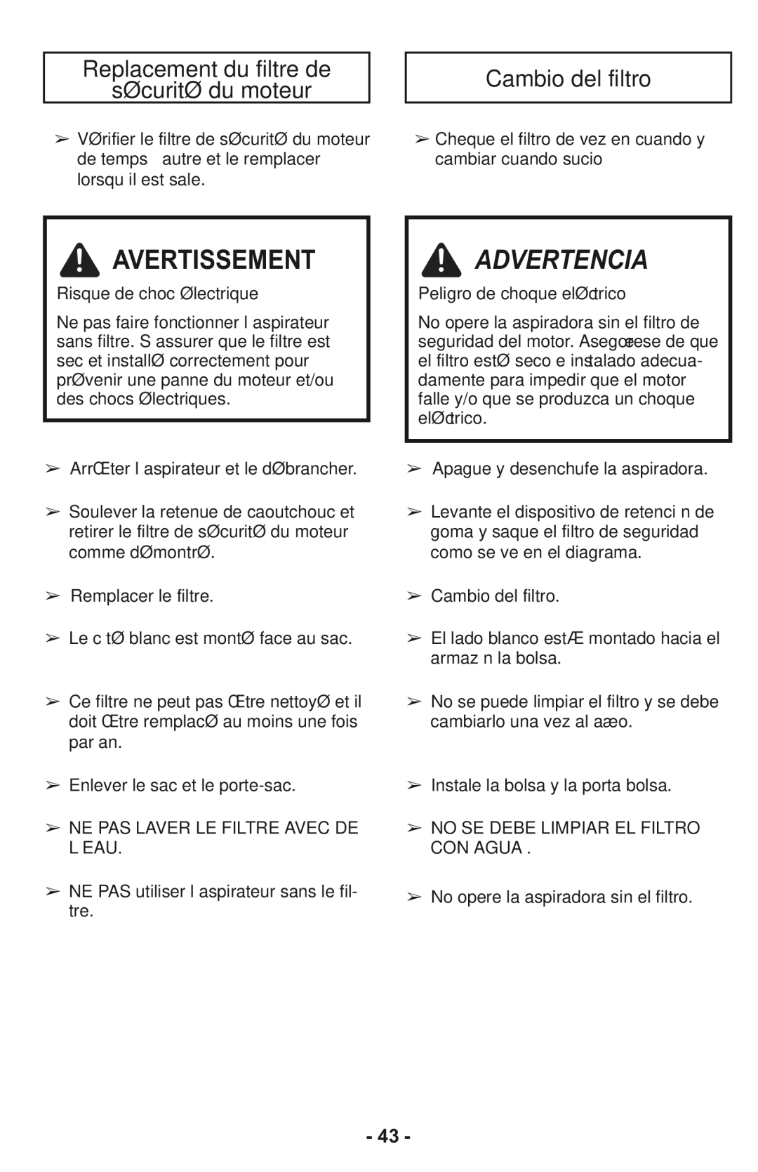 Panasonic MC-CG937 operating instructions Replacement du filtre de Sécurité du moteur, Cambio del filtro 