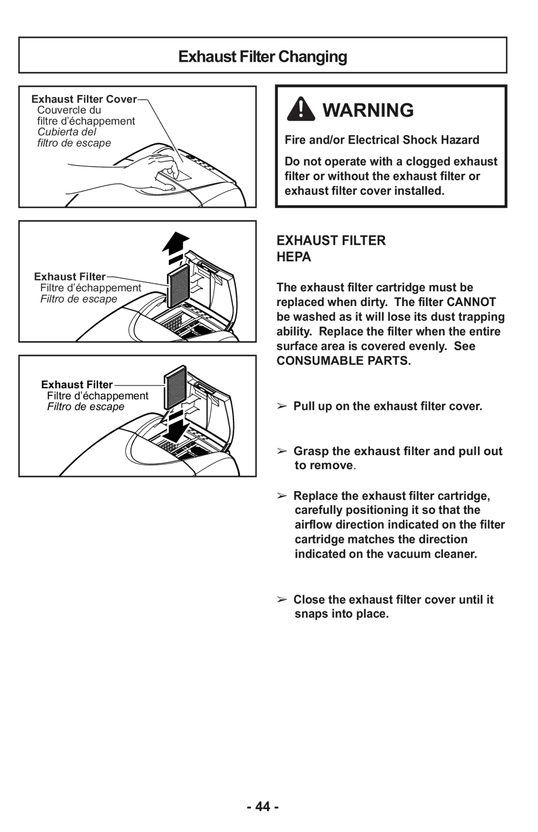 Panasonic MC-CG937 operating instructions Exhaust Filter Changing, Consumable Parts 