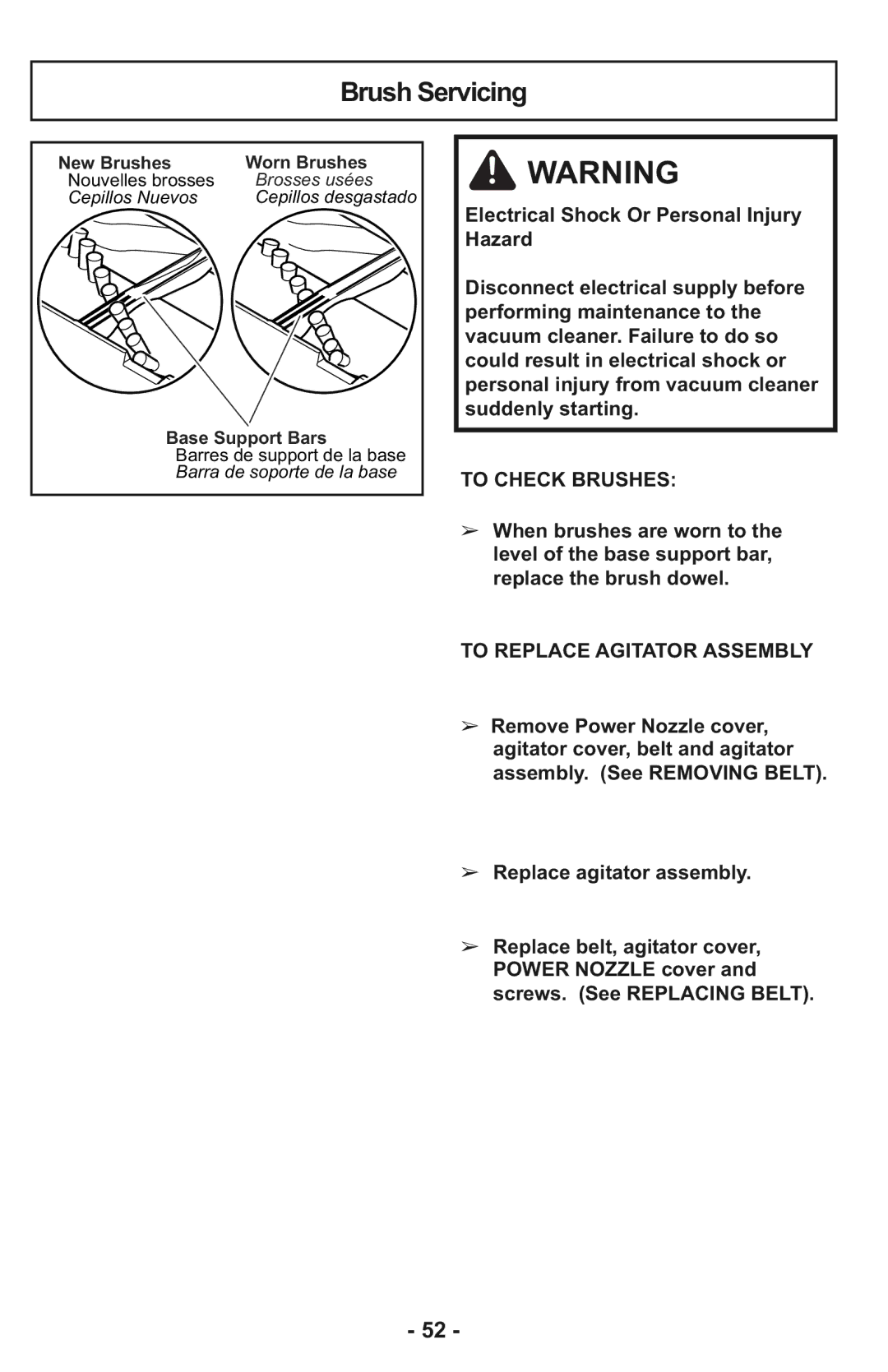 Panasonic MC-CG937 operating instructions Brush Servicing, To Check Brushes, To Replace AGITATOR ASSEMBLY 