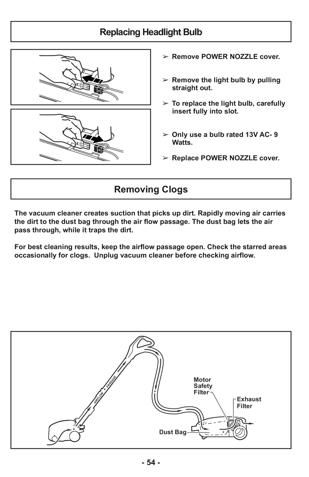 Panasonic MC-CG937 operating instructions Replacing Headlight Bulb, Removing Clogs 