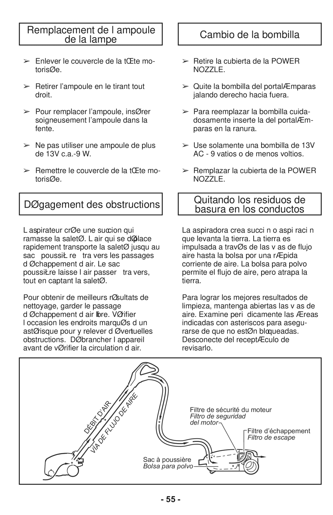 Panasonic MC-CG937 Remplacement de l’ampoule De la lampe, Dégagement des obstructions, Cambio de la bombilla 