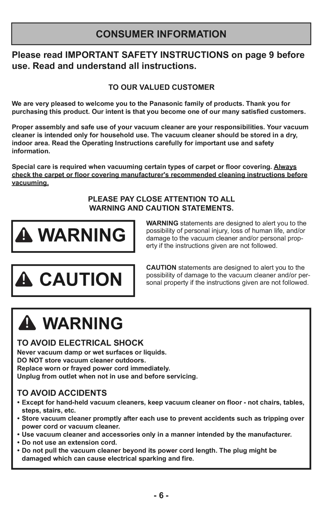 Panasonic MC-CG937 operating instructions Consumer Information, To OUR Valued Customer, Please PAY Close Attention to ALL 