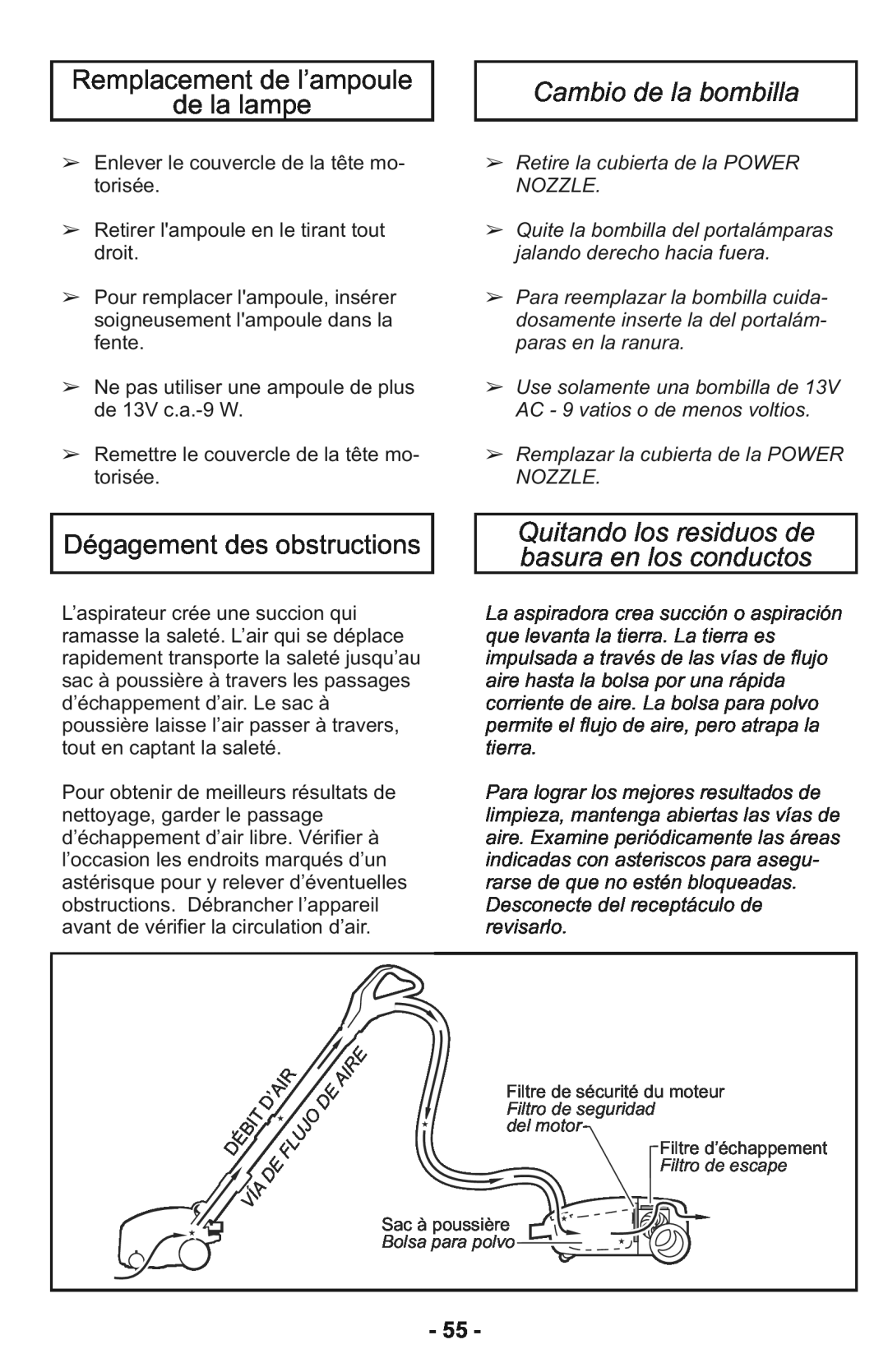 Panasonic MC-CG937 Remplacement de l’ampoule de la lampe, Dégagement des obstructions, Cambio de la bombilla 