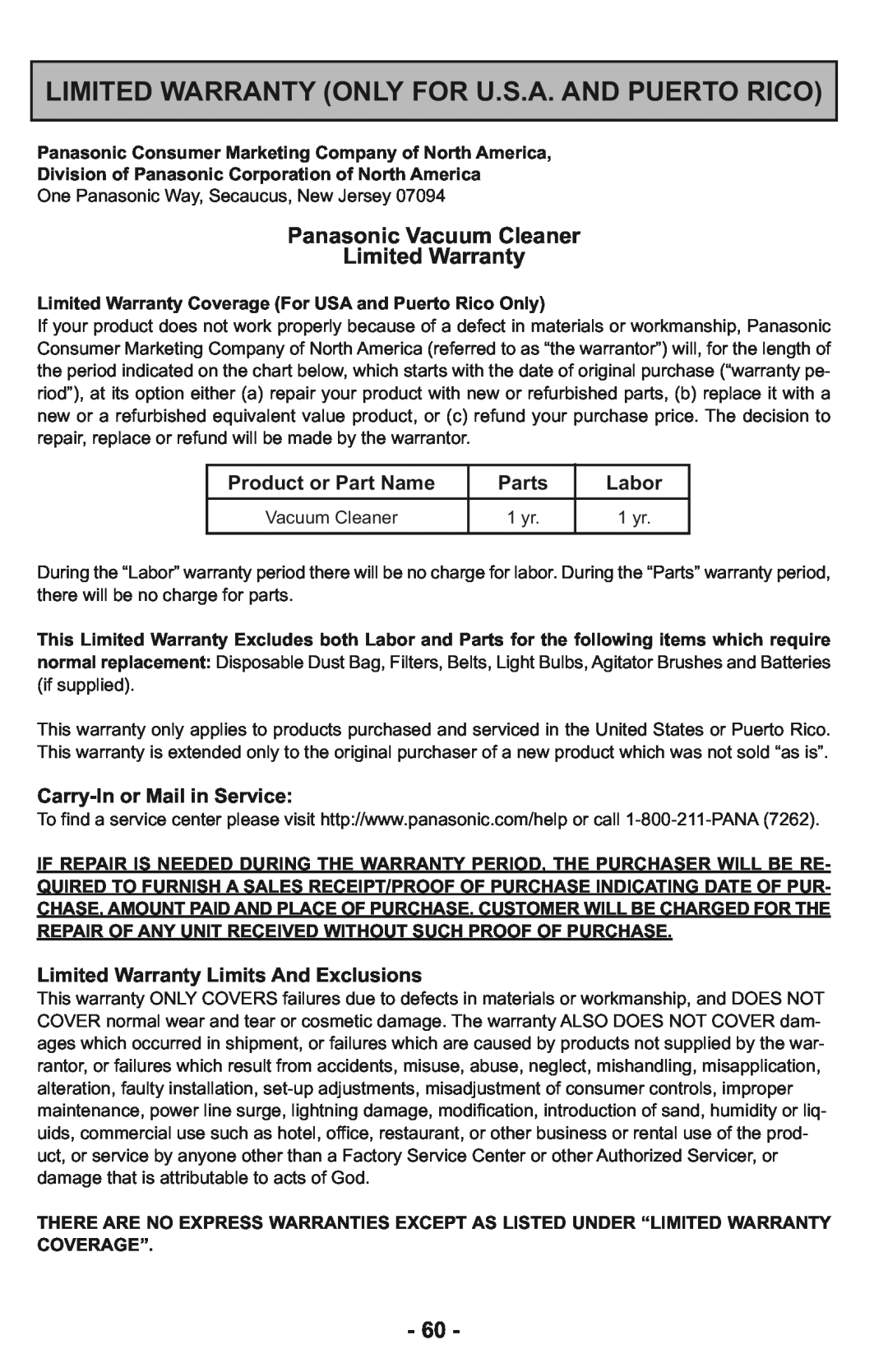 Panasonic MC-CG937 Limited Warranty Only For U.S.A. And Puerto Rico, Panasonic Vacuum Cleaner Limited Warranty 