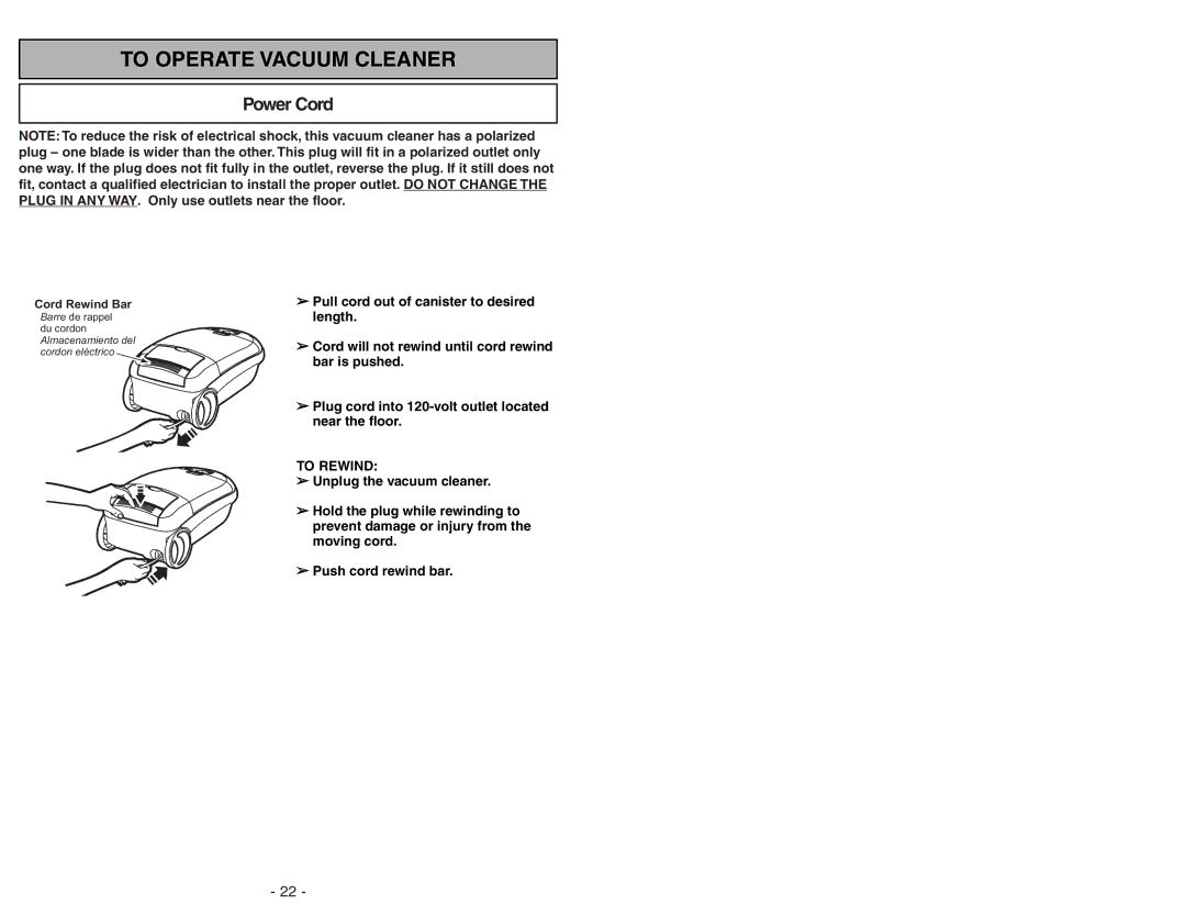 Panasonic MC-CG973 operating instructions To Operate Vacuum Cleaner, Power Cord 