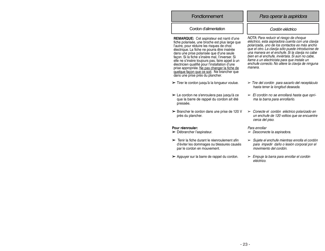 Panasonic MC-CG973 operating instructions Para operar la aspiridora, Cordón eléctrico 