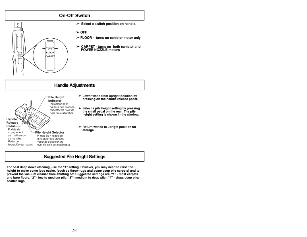 Panasonic MC-CG973 operating instructions On-Off Switch, Handle Adjustments, Suggested Pile Height Settings 