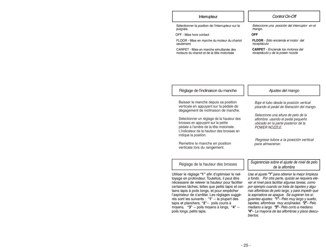 Panasonic MC-CG973 operating instructions Control On-Off, Ajustes del mango 