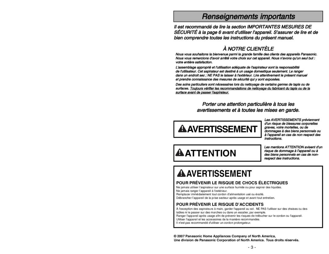 Panasonic MC-CG973 operating instructions Renseignements importants, Notre Clientèle 