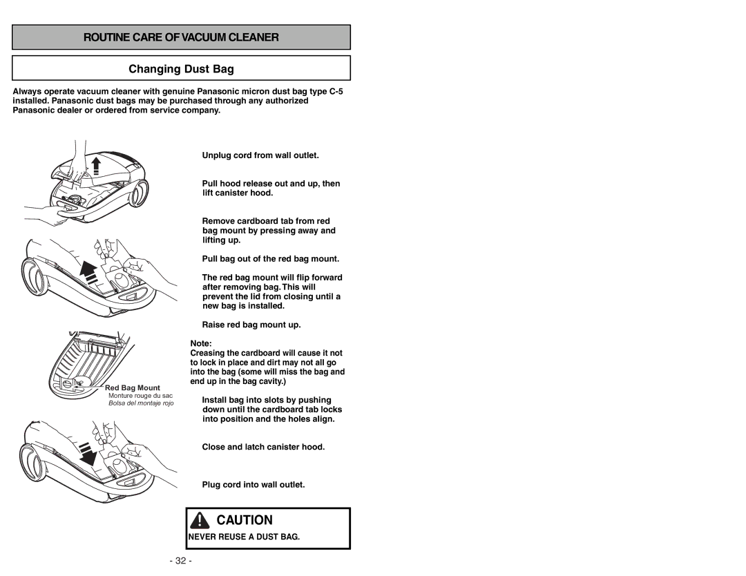 Panasonic MC-CG973 operating instructions Routine Care of Vacuum Cleaner, Changing Dust Bag 