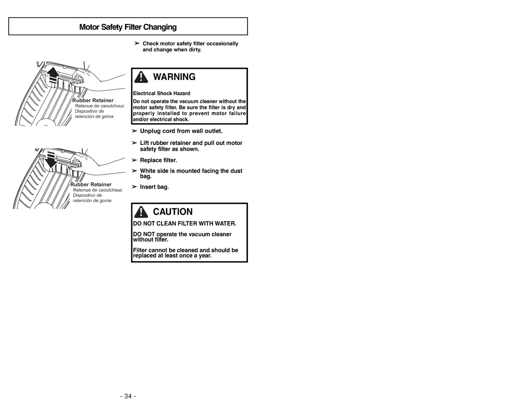 Panasonic MC-CG973 operating instructions Motor Safety Filter Changing, Rubber Retainer 