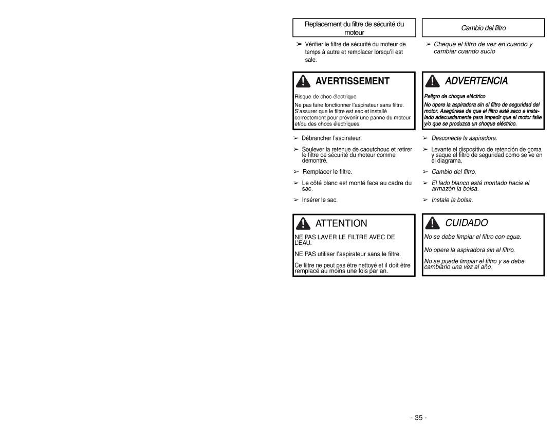 Panasonic MC-CG973 operating instructions Avertissement, Cambio del filtro 